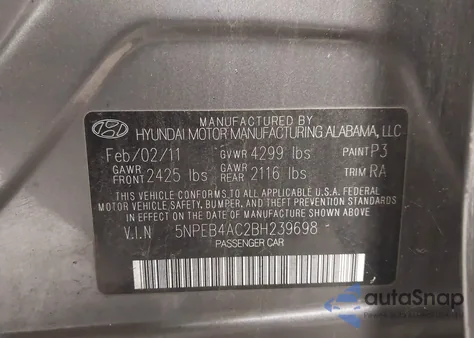 2011 Hyundai Sonata Gls z USA, uszkodzony, nr VIN 5NPEB4AC2BH239698